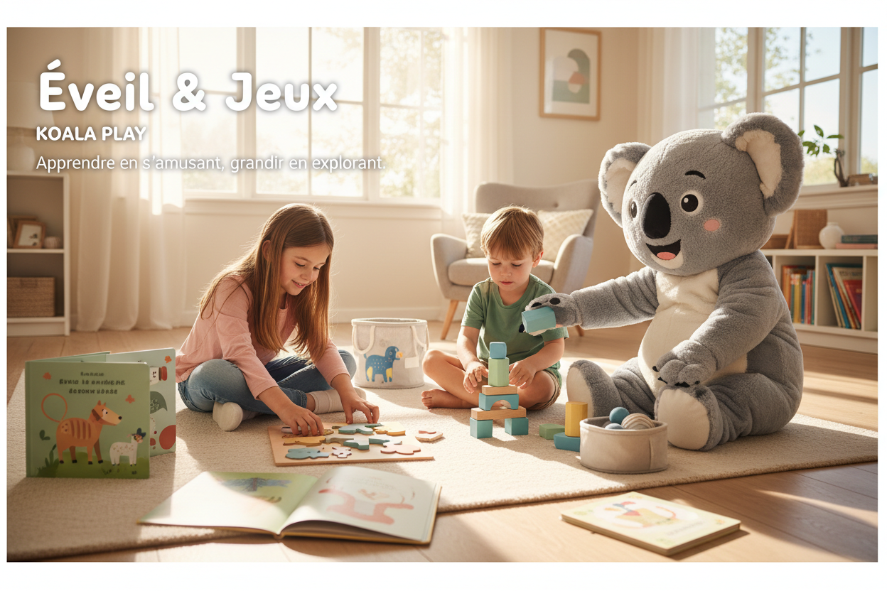 Illustration pour bannière web horizontale (hero image) d’une catégorie e-commerce « Éveil & Jeux » pour la boutique Koala Play.

Scène : un salon lumineux et épuré. Deux enfants (environ 3–7 ans) jouent au sol avec des jeux éducatifs : puzzles en bois, blocs de construction, jeux sensoriels, livres illustrés. Un petit koala mascotte tout doux est à côté d’eux, qui les encourage et joue avec eux.

Ambiance : calme, joyeuse, chaleureuse, axée sur l’autonomie de l’enfant et le plaisir de découvrir par lui-mêm