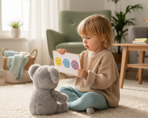 image réaliste. Un enfant de 3 ans assis sur un tapis, en train de montrer une carte des émotions (joie, colère, tristesse, peur) à une peluche koala, ambiance chaleureuse de salon, lumière naturelle douce, couleurs pastel (beige, vert sauge, bleu doux), style photo réaliste, format carré 1:1, atmosphère calme et rassurante, sans texte.