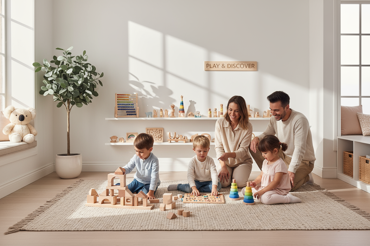 modern scandinavian playroom, children playing wooden educational toys, montessori materials, bright natural lighting, eucalyptus plant, koala plush toy, pastel colors, premium lifestyle photography, e-commerce hero banner, warm morning light, diverse kids learning through play, high-quality wooden puzzles and blocks, clean minimal interior, soft shadows, professional product photography, smilles 3 childs and 2 parents
