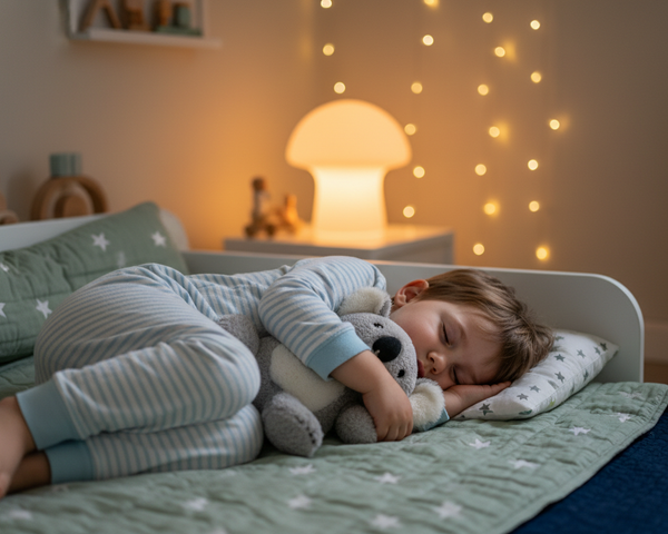 Un enfant de 2–3 ans en pyjama, endormi paisiblement avec une peluche koala dans un lit enfant, veilleuse douce allumée et guirlande lumineuse floue en arrière-plan, chambre cosy aux tons pastel (beige, vert sauge, bleu nuit), style photo réaliste, format carré 1:1, atmosphère calme et sécurisante, sans texte.