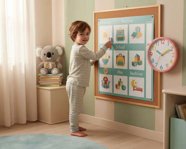 Un enfant de 5 ans devant un tableau de routine illustré (matin, école, jeux, coucher) avec une grande horloge colorée à côté, quelques pictogrammes aimantés qu’il déplace avec un sourire concentré, présence discrète d’une peluche koala, ambiance de chambre d’enfant lumineuse aux tons pastel (beige, vert sauge, bleu doux), style photo réaliste, format carré 1:1, atmosphère organisée et rassurante, sans texte.